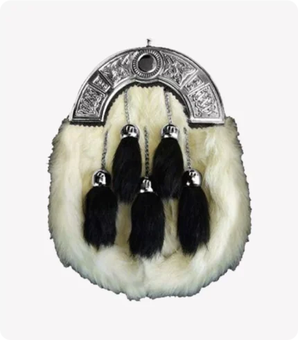 Chrome Celtic Cantle White Rabbit Sporran With 5 Black Fur Tassels