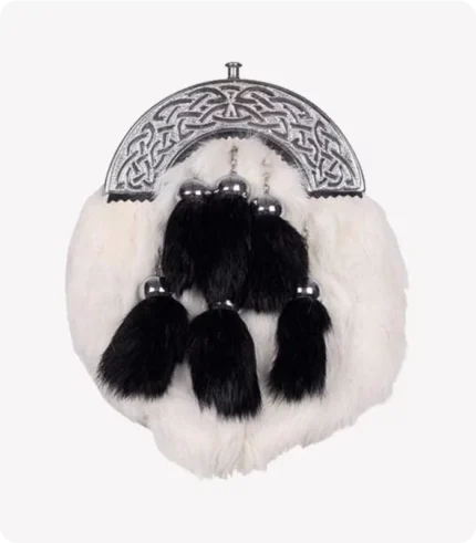 Chrome Celtic Cantle White Rabbit Sporran With 6 Black Fur Tassels