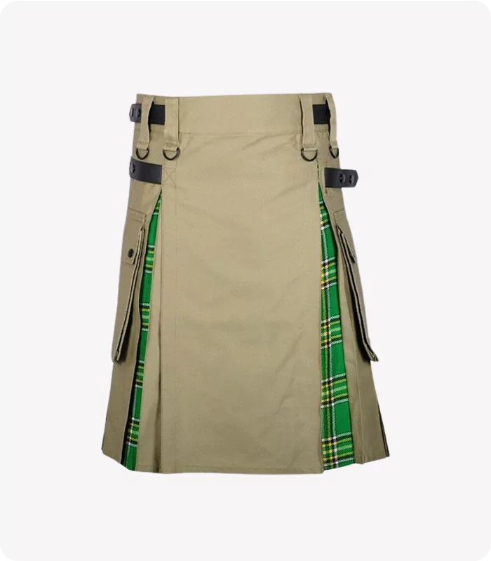 Khaki Cotton Irish Tartan Scottish Utility Cargo Hybrid Kilt